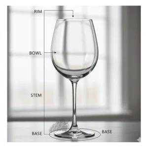 Diagram showing the anatomy of a wine glass including the rim, bowl, stem, and base for proper wine glass selection.