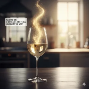 A narrow-rimmed white wine glass designed to concentrate delicate floral aromas and direct them straight to the nose.