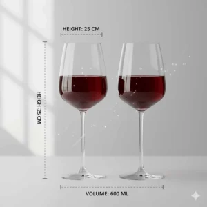 Tall Bordeaux-style red wine glass set with measurements for height and volume capacity.