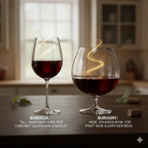 Comparison of a tall Bordeaux wine glass versus a rounder balloon-shaped Burgundy glass for different red wine varieties.