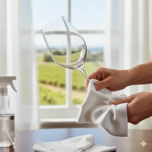 A close-up showing the proper way to polish Riedel white wine glasses using a microfiber cloth.