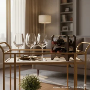 A set of four crystal red wine glasses neatly arranged on a modern gold bar cart.