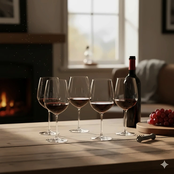 A set of four elegant crystal red wine glasses displayed on a wooden dining table with a bottle of Cabernet. red wine glass set