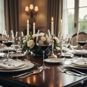A formal dinner table setting featuring polished Riedel red wine glasses alongside fine china and cutlery.