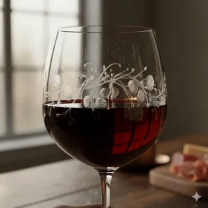 Close-up view of the intricate floral pattern etched into a crystal red wine glass.