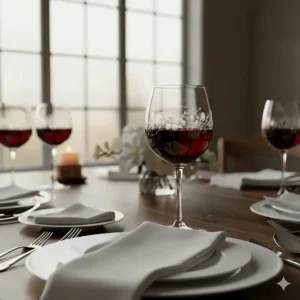 Formal dinner table arrangement featuring etched red wine glasses and white linen napkins.