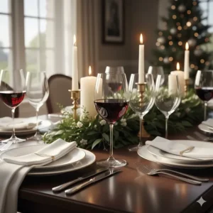 A formal holiday dinner table featuring sparkling crystal red wine glasses and white china.