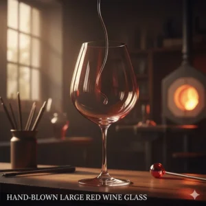 An artistic illustration of a hand-blown large red wine glass showcasing unique craftsmanship.