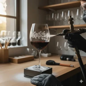 An artisan using a sandblasting tool to create a custom design on a red wine glass.