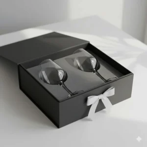 A luxury red wine glass set packaged in a premium gift box with protective foam padding.