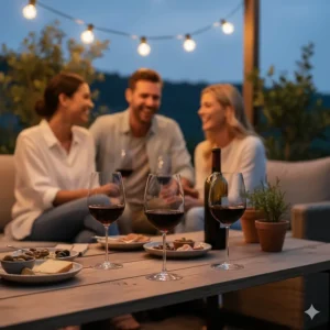 Stemless red wine glasses used for a casual outdoor dinner party on a patio.