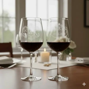 Custom personalized etched red wine glasses featuring a sophisticated monogram design.