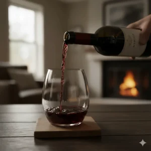 A bottle of Merlot pouring wine into a crystal stemless red wine glass.