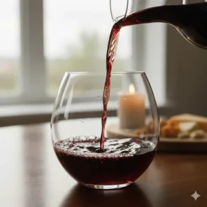 Red wine being poured into a large bowl crystal glass to enhance aeration.