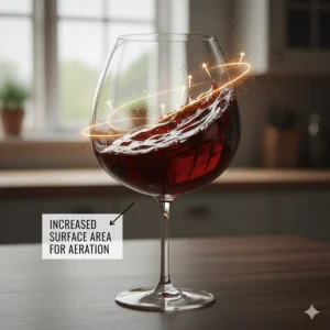 Illustration showing how a large red wine glass bowl increases surface area for better aeration of bold red wines.