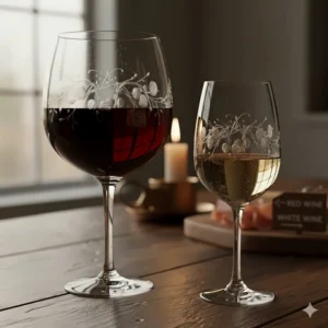 A side-by-side comparison showing the large bowl size of an etched red wine glass vs. a white wine glass.