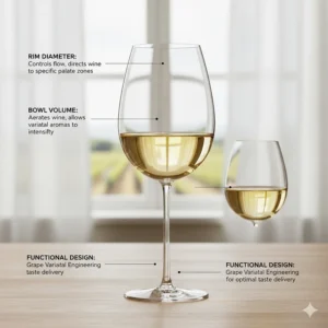 Illustration highlighting the rim diameter and bowl volume of Riedel white wine glasses for optimal taste delivery.