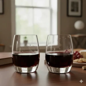 Modern Riedel O Series stemless red wine glasses used for serving full-bodied Cabernet Sauvignon.
