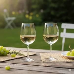 Two Riedel stemless white wine glasses from the O series used in a casual outdoor dining setting.