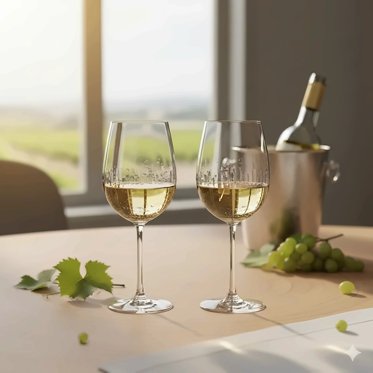 A pair of Riedel Performance series white wine glasses filled with Chardonnay on a clean, modern tabletop. riedel white wine glasses