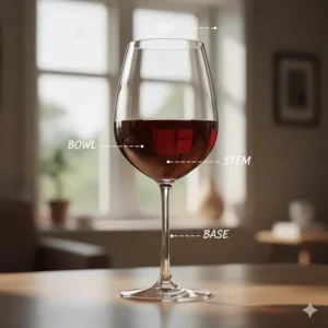 Diagram showing the anatomy of a Riedel red wine glass, highlighting the rim, bowl, stem, and base.
