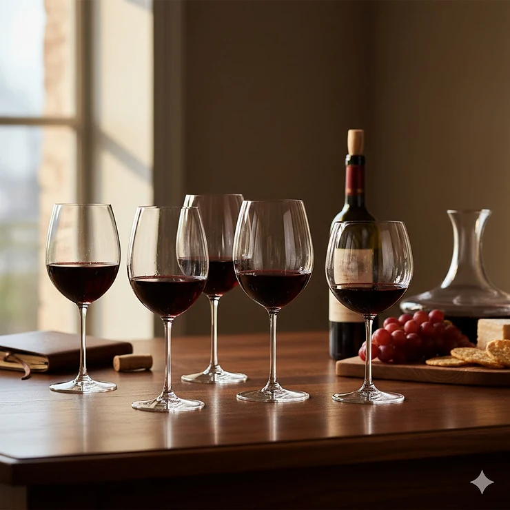 A curated collection of Riedel red wine glasses specifically designed for Cabernet, Merlot, and Pinot Noir.
