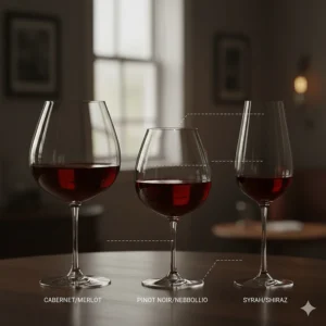 Side-by-side comparison of Riedel red wine glasses for different grape varieties to show bowl shape differences.
