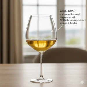 A wide-bowl Riedel white wine glass specifically engineered for oaked Chardonnay and Montrachet.