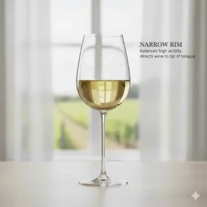 Illustration of a Riedel Vinum Riesling glass showing the narrow rim designed to balance high acidity.