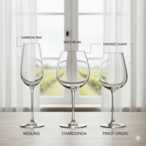 A diagram comparing different Riedel white wine glasses for Riesling, Chardonnay, and Pinot Grigio.