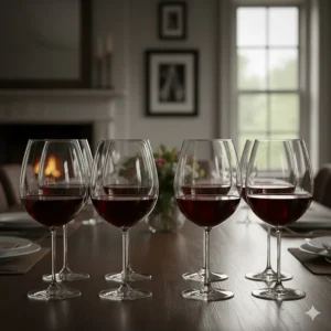 A complete set of six oversized crystal glasses for serving red wine at a dinner party.