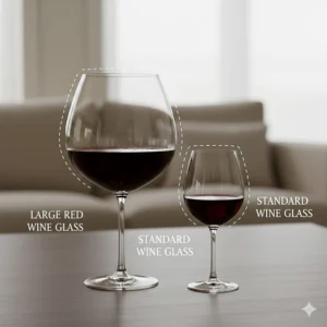 Diagram comparing the size of a standard wine glass versus a large red wine glass for aeration.