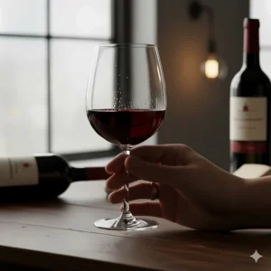 Close-up of a hand comfortably holding a stemless red wine glass to show ergonomic grip.
