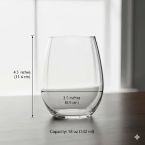 A diagram showing the height and width dimensions of a standard 18-ounce stemless red wine glass.