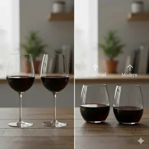 A side-by-side comparison of traditional stemmed glasses and modern stemless red wine glasses.