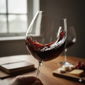 Red wine being swirled in a large Riedel glass bowl to demonstrate aeration and aromatic release.