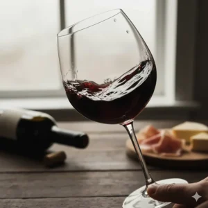 Red wine being swirled in a wide-bowl stemless glass to enhance aeration and aroma.