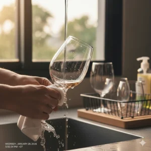 A person carefully hand-washing a delicate crystal red wine glass in a sink.