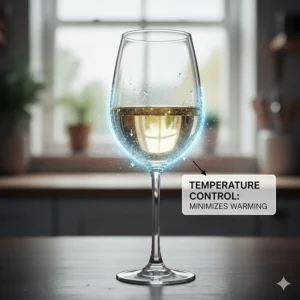 A slender white wine glass designed to maintain cooler temperatures by minimizing wine surface area and heat transfer.