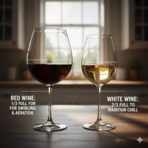 Illustration showing the ideal pour levels for red wine glass vs white wine glass to allow for proper oxygenation and swirling.