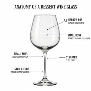 Diagram showing the narrow rim and small bowl anatomy of a standard dessert wine glass to concentrate aromas.