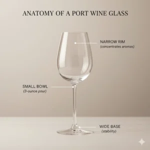Diagram showing the narrow rim and small bowl of a standard Port wine glass.