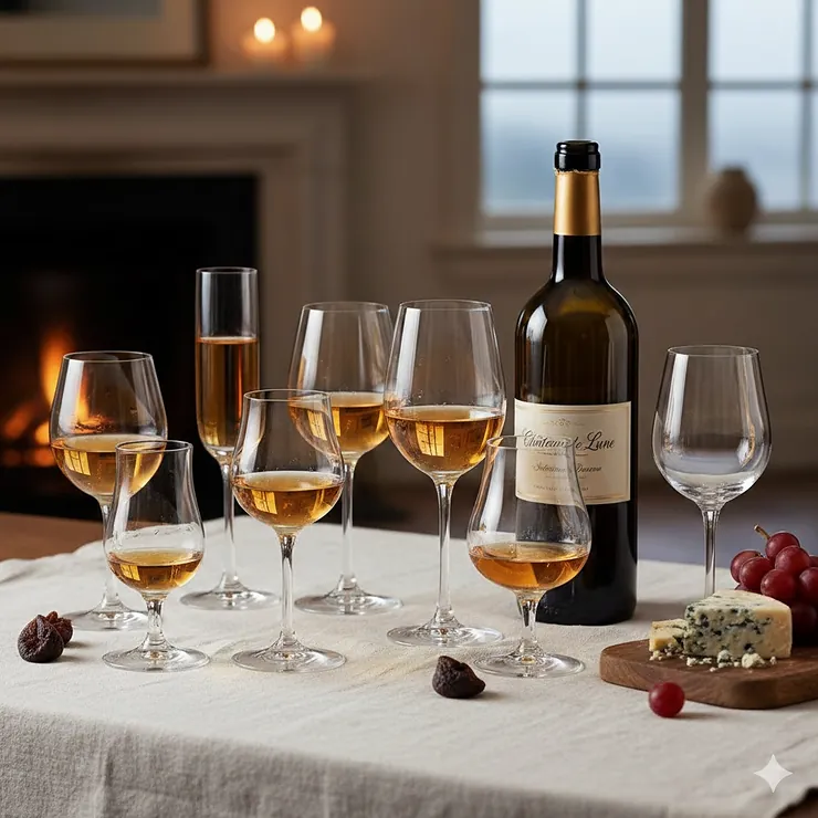 A curated collection of different dessert wine glasses arranged on a linen tablecloth with a bottle of sweet wine.