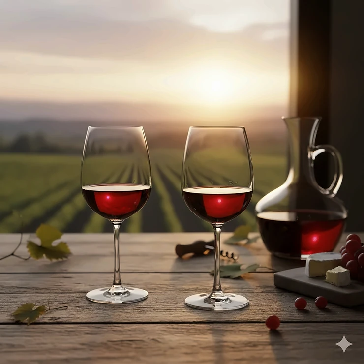 A pair of crystal Pinot Noir wine glasses filled with red wine on a wooden table at sunset.