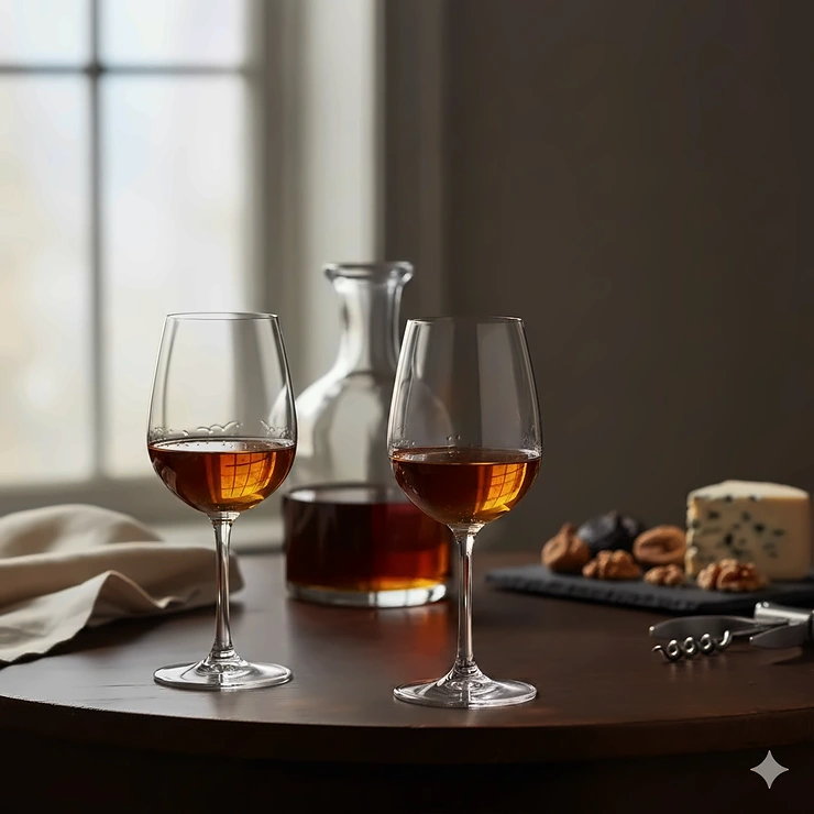 A pair of crystal Port wine glasses filled with tawny port on a dark wooden table.