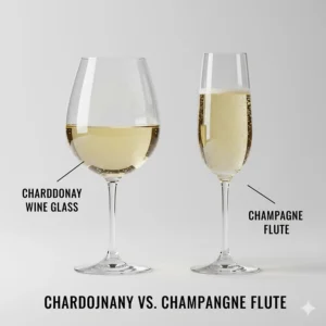 Visual comparison between a wide-mouthed Chardonnay glass and a narrow Champagne flute.