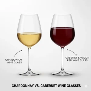 Side-by-side comparison of a Chardonnay wine glass and a Cabernet Sauvignon red wine glass.