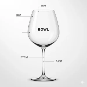 Diagram showing the rim, bowl, stem, and base of a classic Chardonnay wine glass.