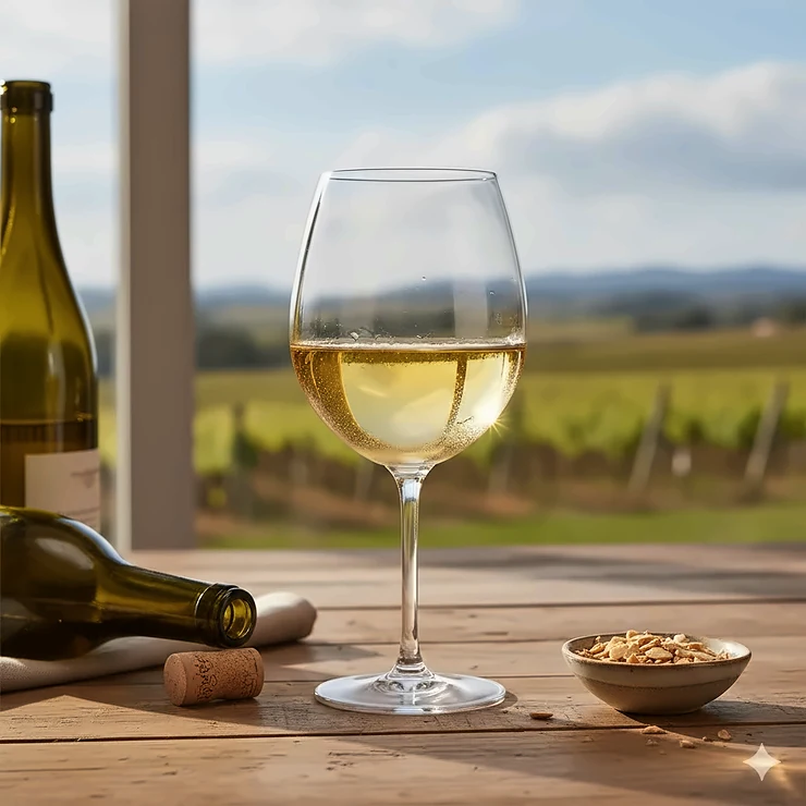A crisp glass of oaked Chardonnay poured into a wide-bowl Chardonnay wine glass on a wooden table.