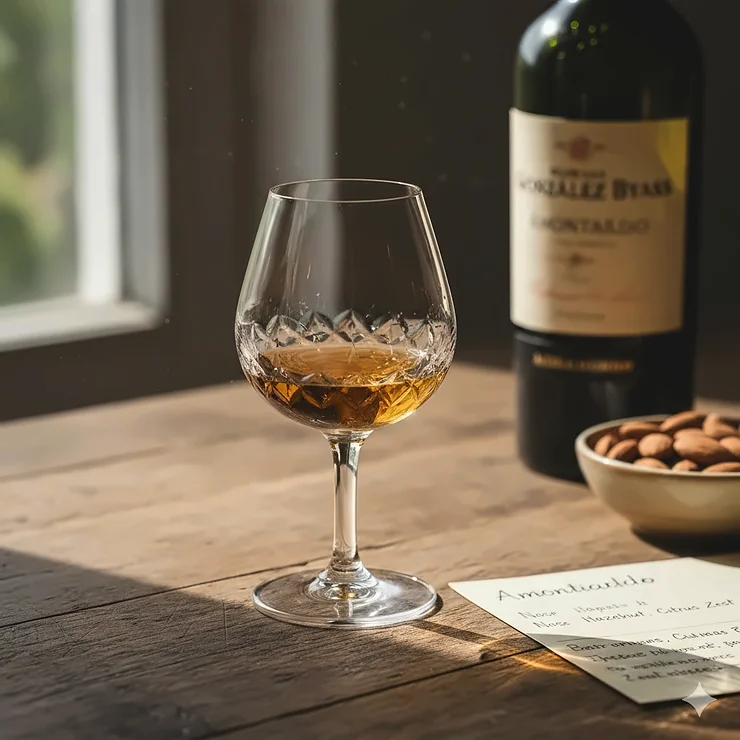 A premium crystal sherry wine glass filled with golden Amontillado sherry on a wooden tabletop.